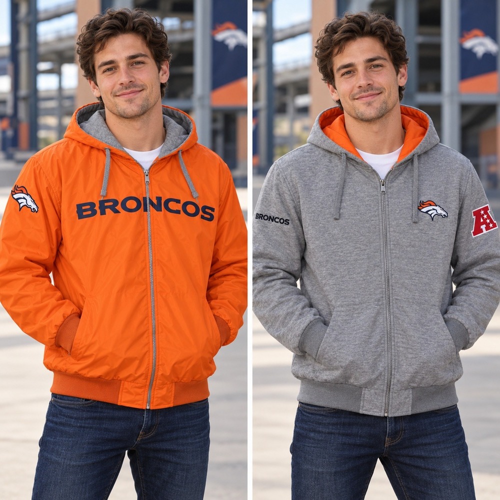 Reversible Denver Broncos NFL Hoodie Jacket Medium Orange Gray Full Zip Football